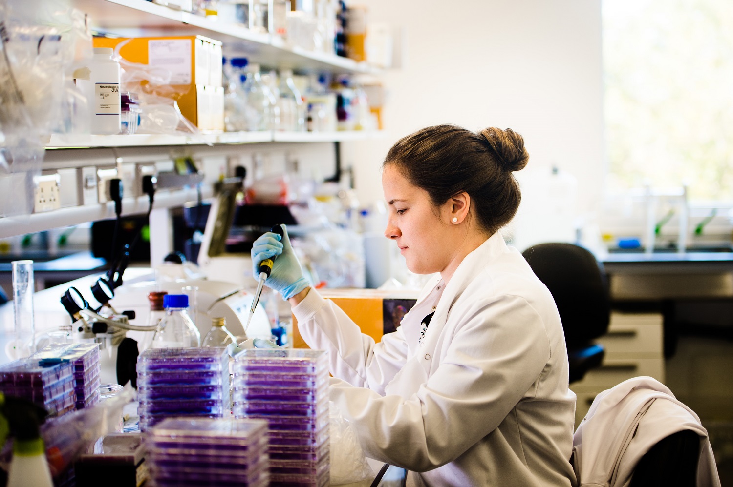 Female student in a laboratory, Wellcome Trust PhD Programme, University of Glasgow