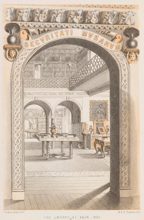Fig. 2 Keir Library, 1860. Tinted lithograph by M. & N. Hanhart, after a drawing by Robert Frier, in William Stirling, An Essay towards a Collection of Books Relating to Proverbs, Emblems, Apophthegms, Epitaphs and Ana: Being a Catalogue of Those at Keir (London: privately printed, 1860), frontispiece illustration. University of Glasgow Library, Special Collections, BD17-e.5. 