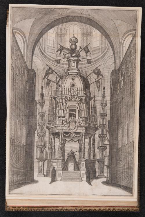 Fig. 3 Funerary Catafalque of King Philip IV. Designed by Sebastián Herrera Barneuvo. Engraving by Pedro de Villafranca, in Pedro Rodriguez de Monforte, Descripcion de las honras que se hicieron [a] D. Phelippe quarto Rey […] en el Real Conuento de la Encarnacion (Madrid: Francisco Nieto, 1666), folding plate between fols 71–72. University of Glasgow Library, Special Collections, S.M. 1455.    