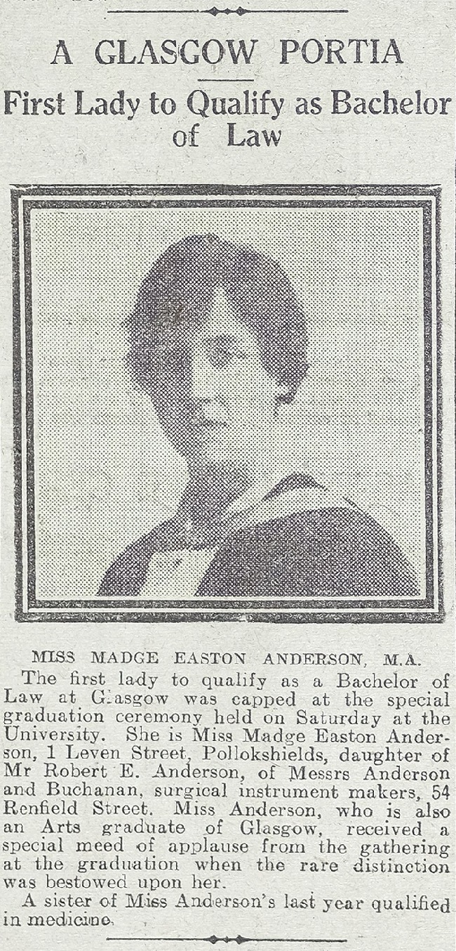 A newspaper cutting with a photo of the UK's first woman lawyer and University of Glasgow alumna Madge Easton Anderson ©CSG CIC Glasgow Museums and Libraries Collection: The Mitchell Library, Special Collections 