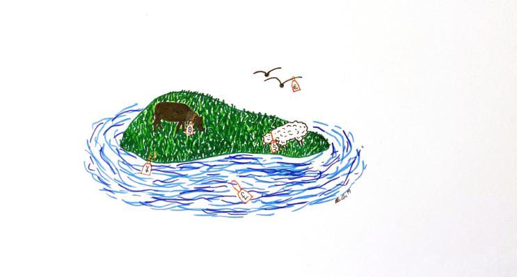 a colourful drawing of an island, sheep and price tags