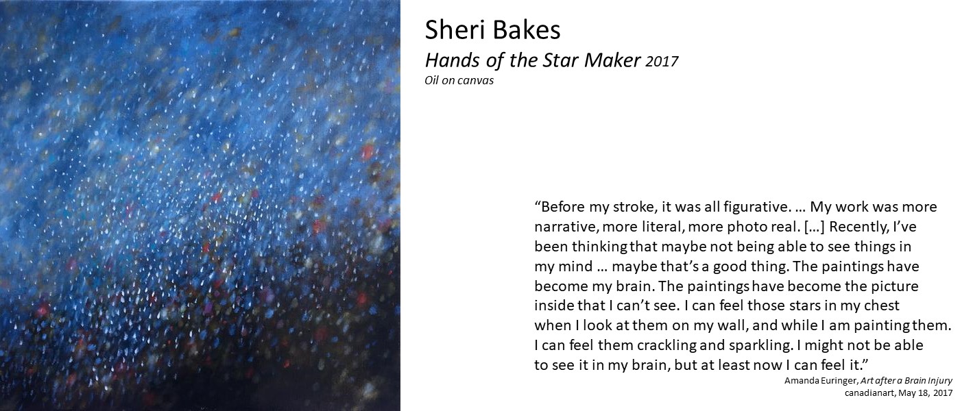 Artwork by Sheri Bakes (white and red sparkles on blue background) and quote: 'Before my stroke, it was all figurative. […] Recently, I’ve not been able to see things in my mind [but] I can feel those stars in my chest  when I look at them on my wall, and while I am painting them... I might not be able to see it in my brain, but at least now I can feel it.'
