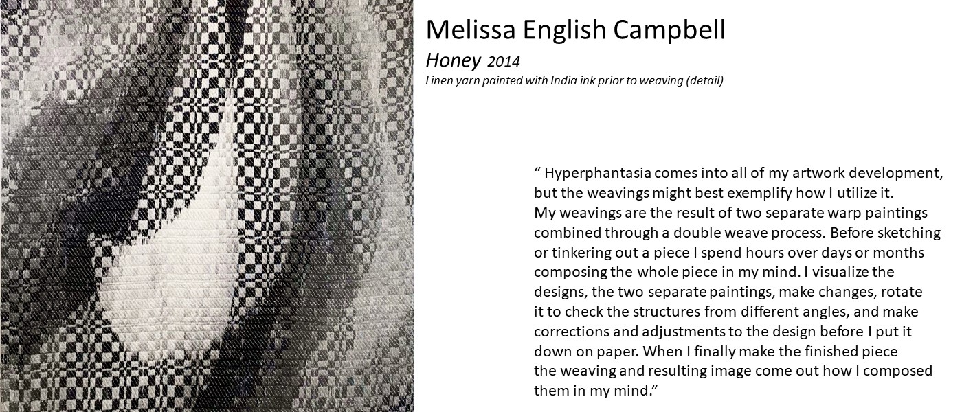 artwork by Melissa English Campbell (black-and-white squares reassembling the image of a flowing fabric) and quote “ Hyperphantasia comes into all of my artwork development. I spend hours composing the whole piece in my mind. I visualize the designs,,make changes, rotate it to check the structures from different angles, and make corrections and adjustments before I put it down on paper