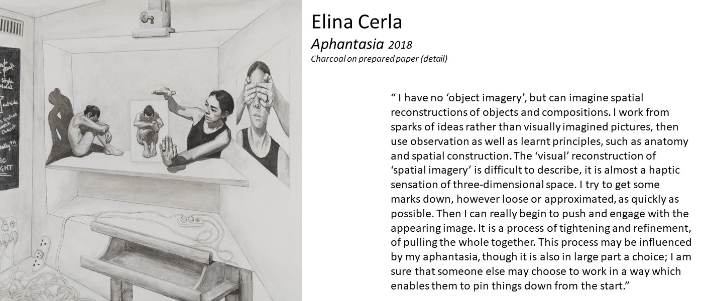 artwork by Elina Cerla (desk with woman gaging perspective, a drawing of her with hands over her eyes, a blackboard with information about Aphantasia) and quote '“ I have no ‘object imagery’, but can imagine spatial reconstructions of objects and compositions. The ‘visual’ reconstruction of ‘spatial imagery’ is difficult to describe, it is almost a  haptic sensation of three-dimensional space.'
