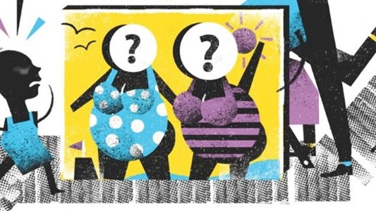 illustration in colour-blocks: small black person stumbling upon a yellow screen with two big black female bodies in stripy and spotty beach one-piece suits, with other taller figures just outside the screen 