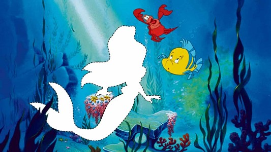 screenshot from little mermaid (under-sea background with a yellow fish and a red crab) with outline of the mermaid completely missing from the picture