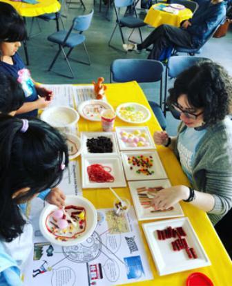 Photograph showing a GSF in Action intern sat at a table covered in sweets, several children are creating edible cells out of these sweets. 