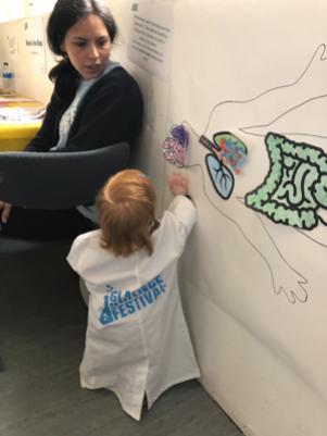 Photograph showing a GSF in Action intern with a child that is wearing a GSF branded lab coat adding colourful organs to a mural of the human body. 