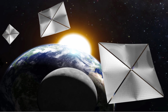 Impression of solar sails orbiting the Earth, Moon and Sun