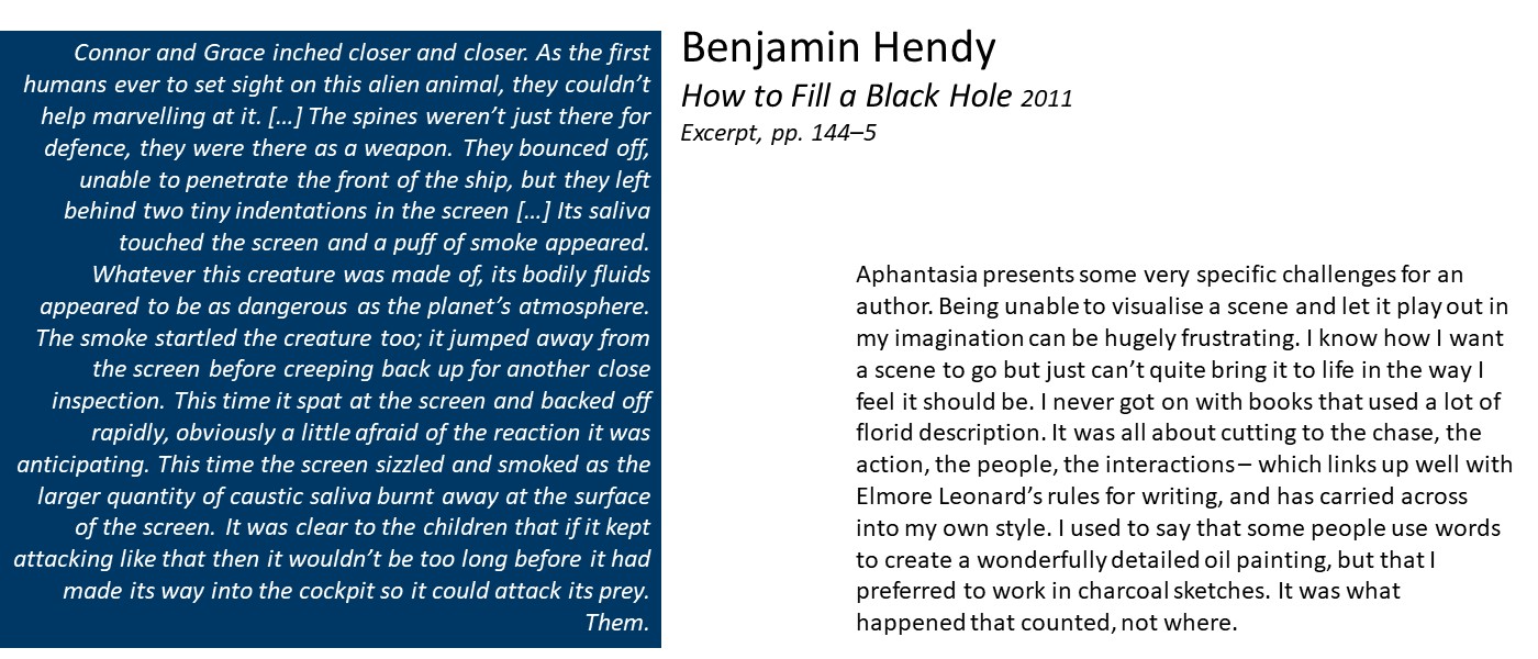 slide with text: excerpt from Benjamin Hendy's How to Fill a Black Hole and quote 'aphantasia presents very specific challenges for an author. Being unable to visualise a scene and let it play out in my imagination can be hugely frustrating. I used to say that some people use words to create wonderfully detailed oil paintings, but that I prefer to work in charcoal sketches'
