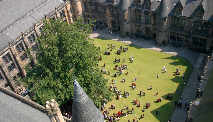 Aerial view of students gathered in the main building east quadrangle