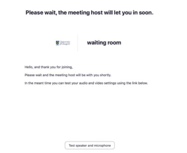 zoom - waiting room telling user that the host will contact them shortly