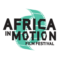 Africa in Motion Film Festival logo. The words Africa in Motion Film Festival in black text over a teal film strip. 