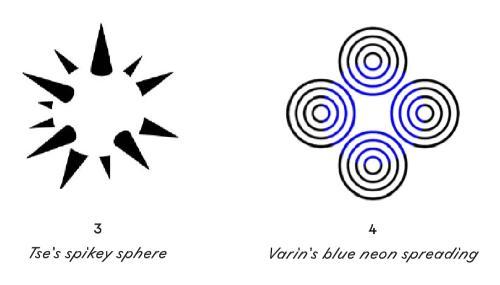First image: Tse’s Spikey Sphere: black conical spikes of different sizes arranged in a circular fashion on a white background so that the negative space looks like a white or invisible sphere. second image: Neon Colour Spreading: group of 4 circles with concentric black/white lines inside; parts of black (but not white) lines are blue, and combined create the illusion of an overlaid blue circle