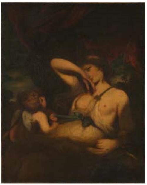 historical painting in dark tones of brown and beige: a bare-chested white woman with hair tied up and see-through drapery between her breasts and over her lap looks towards the viewer, half shielding her face with her hand, elbow extended upwards at the same angle as her head. in the middle-ground, a putti (baby with wings) tugs at the woman's bow/belt. The background is drapery