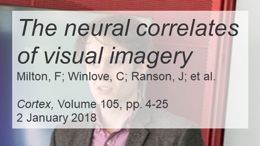 photo of a clean shaven young white man in a pink shirt and tweed suit, under text 'The neural correlates of visual imagery by Milton, F; Winlove, C; Ranson, J; et al. in Cortex, Volume 105, pages 4 to 25, dated 2 January 2018'