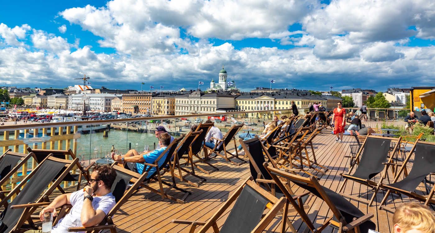 Allas Sea Pool, Market Square, Presidental Palace and Helsinki Cathedral in summer