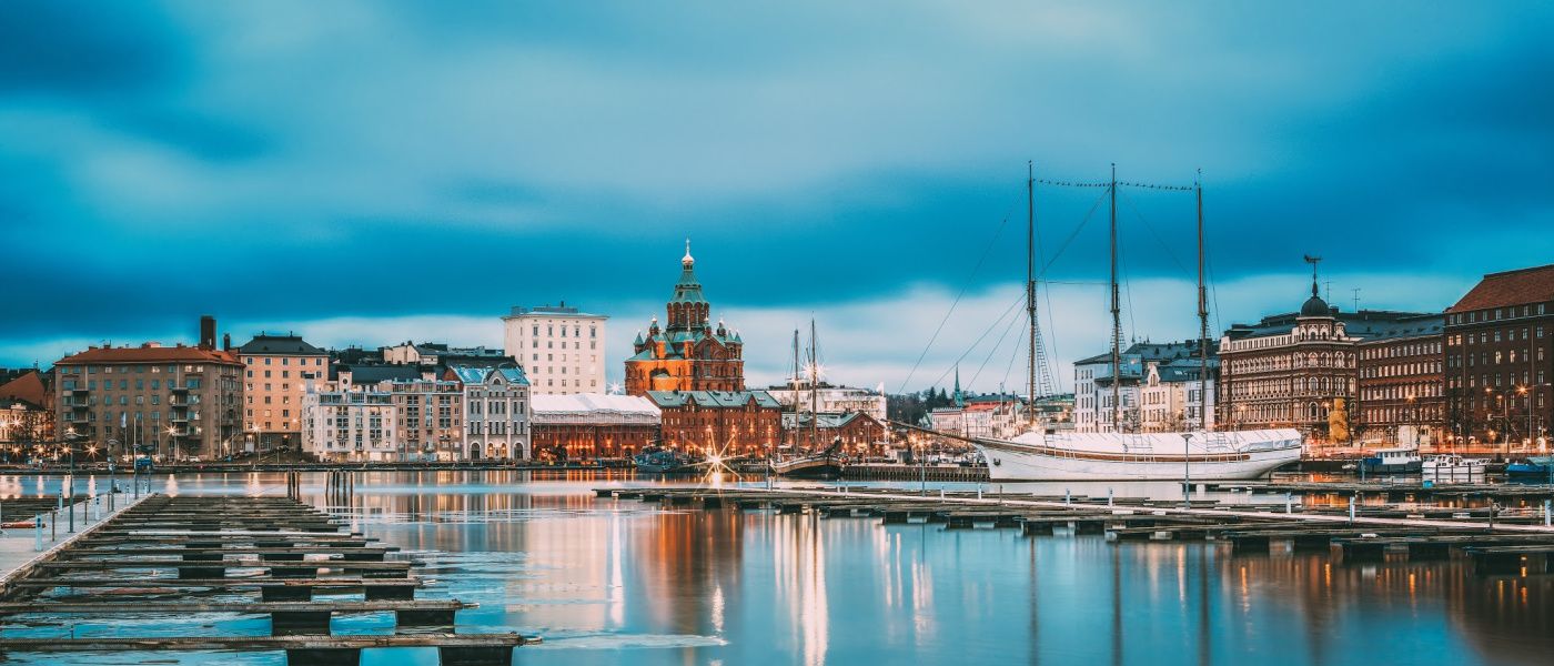 View of city and Uspenski Cathedral from pier in Helsinki