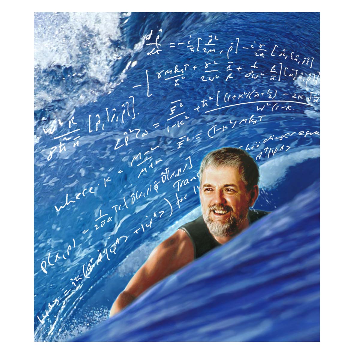Portrait of Jim Cresser surfing in a sea of equations