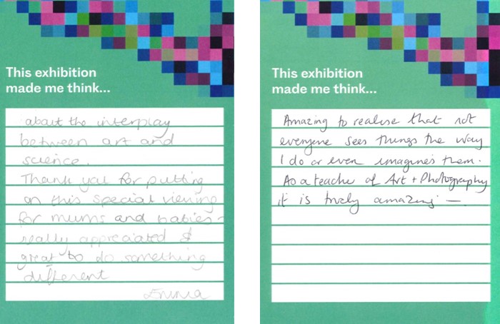 two green comment cards, reading: 'This exhibition made me think about the interplay between art and science. Thank you for putting on this special viewing for mums and babies - really appreciated and great to do something different. signed: Emma'. And 'Amazing to realise that not everyone sees things the way I do or even imagines them. As a teacher of art and photography it is truly amazing'