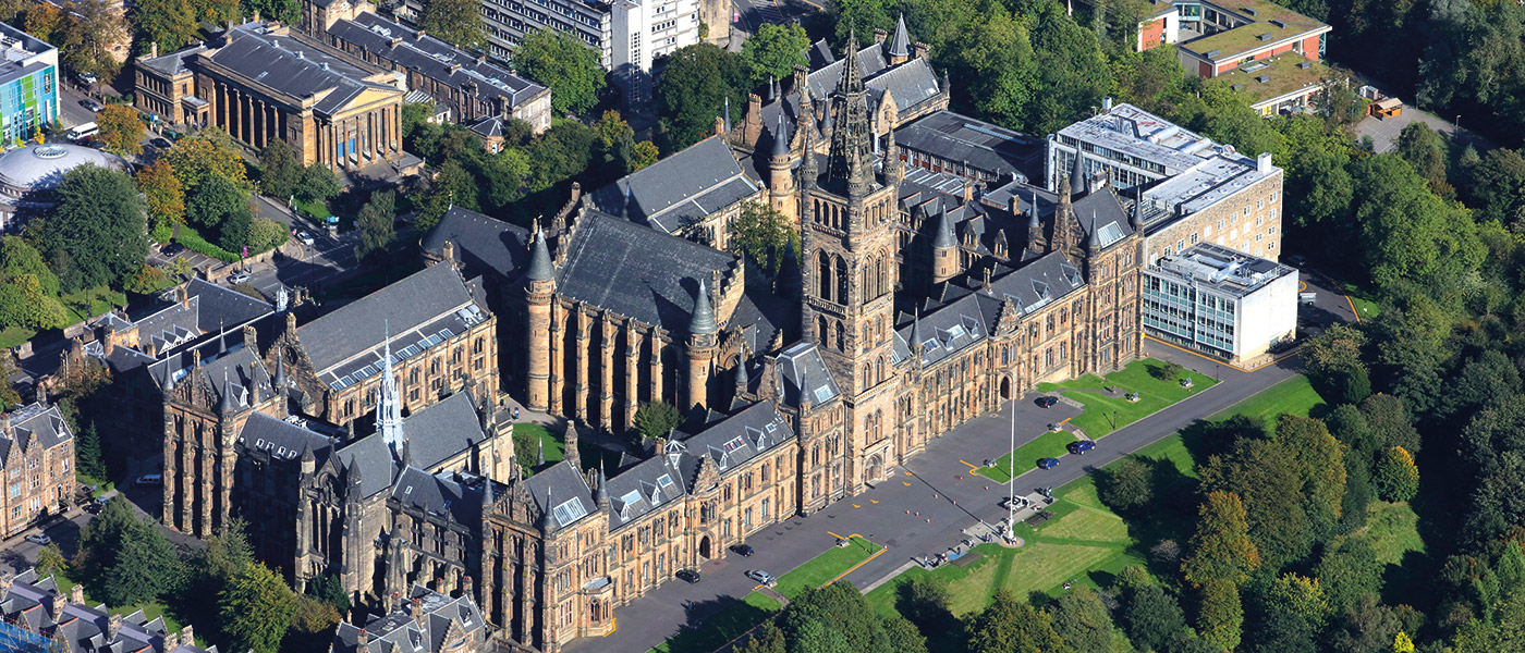 Aerial shot of the Main Building, Gilmorehill