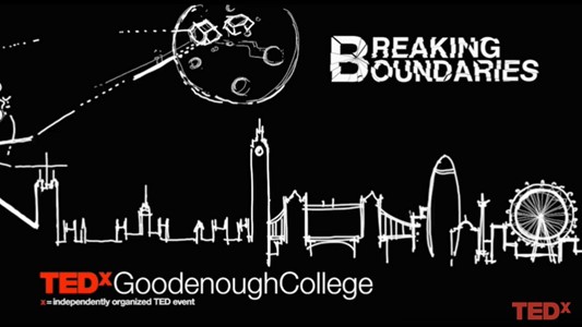 messy white pencil drawing of London landmarks (Parliament, Big Ben, London Eye) on black background. White text at the top reads 'Breaking boundaries'. At the bottom, TED logo in red appears twice (left and right) accompanying the white text 'Goodenough College'