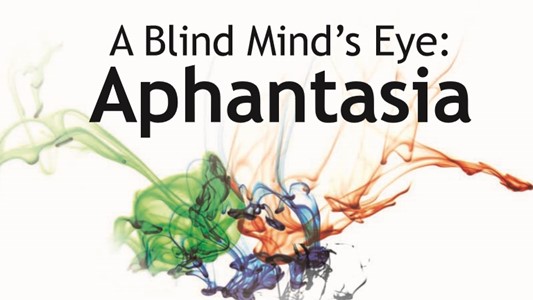 a photo of colourful ink dissolving in water, all on a white background. At the top, black text reads 'A blind mind's eye: aphantasia'