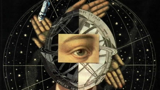 collage of paintings and astronomical illustrations on several layers: a round sky chart under four white hands oriented clockwise, under four quarters of a globe of different mismatched sizes, under a rectangular cutting of a closeup of a green human eye framed by white skin and brown brows