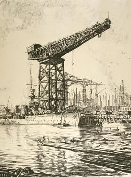 
Muirhead Bone etching of crane at Fairfield Shipyard Glasgow 1930s