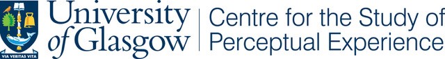 Logo for the Centre for the Study of Perceptual Experience featuring the university of Glasgow crest which is a dark blue shield featuring the symbols of Saint Mungo - a bird on top of a green tree, a fish, a bell and a book. 