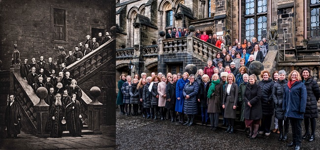 Image showing the 150 year old image with the 2020 version senior women at UofG