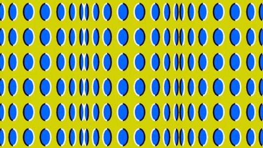 abstract painting of blue circles seen at different angles in three separate bright yellow sections, arranged in such a manner that the three sections seems to be 3-dimensional cylinders moving towards each other