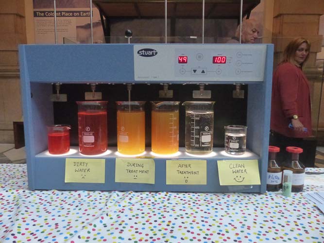 Photograph of 6 jars containing water at different stages of electrolysis. 