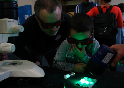 Image of two people wearing sunglasses looking at fluorescing materials in test tubes. 