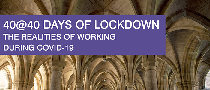 Video thumbnail with a picture of the Cloisters in the background with the text heading '40@40 days of lockdown. The realities of working during Covid-19'