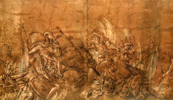 Benjamin West, Study for Pharaoh and His Host Lost in the Red Sea, Pencil, ink and wash, drawing, pen and black ink over pencil, 1790–1792.