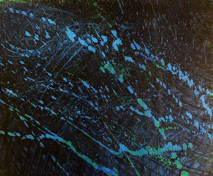 Stanley William Hayter, Pelagic Forms, Deep etching, intaglio alkali blue, contact fluorescent yellow, soft roller monocal blue, 1963. 