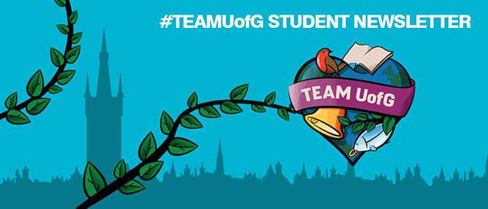 Student Newsletter Web Header; text reads #TeamUofG Student newsletter, on a blue background with 