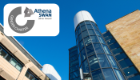 An angled view of the Sir Graeme Davies Building with the Athena Swan graphic inset
