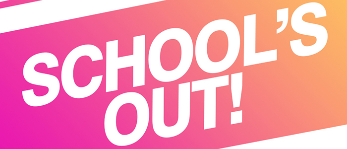 Spotify playlist cover; pink and orange background; text reads School's Out!