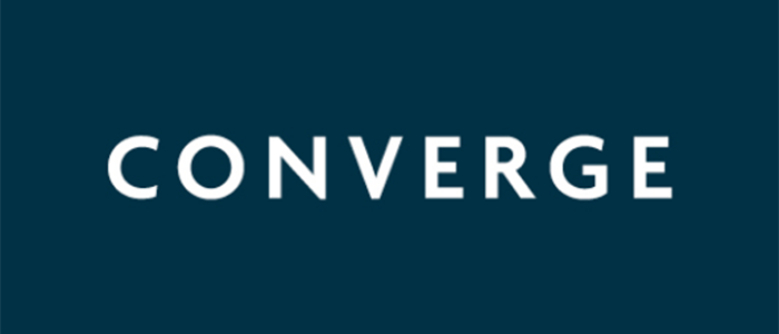 the word converge on a blue background, logo of the converge challenge