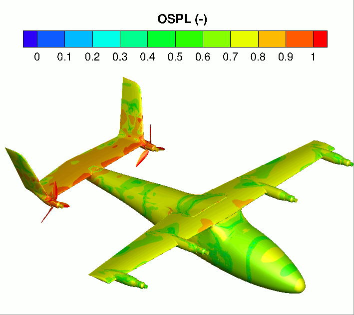 Surface overall sound pressure level for the aircraft in forward-flight