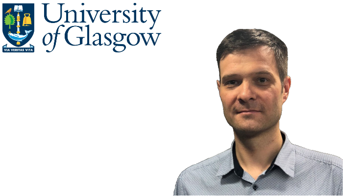 A cropped head and shoulders shot of Dr Richard Goodwin beside UofG logo