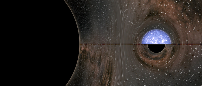 An artist's impression of the neutron star or black hole approaching the larger black hole prior to the merger - a split image shows the smaller object as either a large neutron star or small black hole