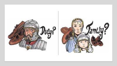 Head and shoulder cartoon drawings of a man in Roman dress, a woman in celtic dress and a boy wearing a roman soldier's helmet