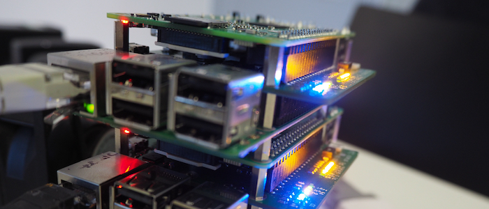 A close-up of a stack of Raspberry Pi computing boards, as used in research by the School of Computing Science