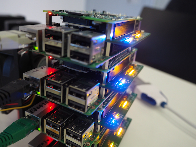 A close-up of a stack of Raspberry Pi computing boards, as used in research by the School of Computing Science