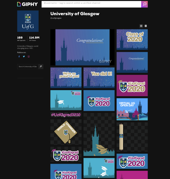 Screenshot of University GIPHY account