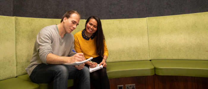 Two students studying in the library