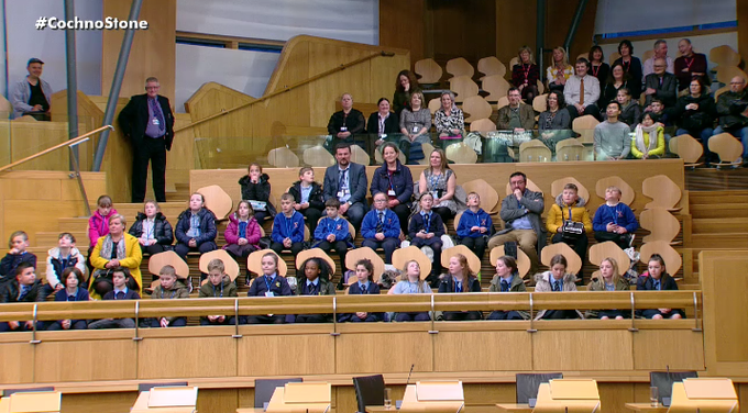 Screenshot from Scottish Parliament TV showing the Faifley contingent in the parliamentary gallery during the debate which was initiated by local MSP Gil Paterson.